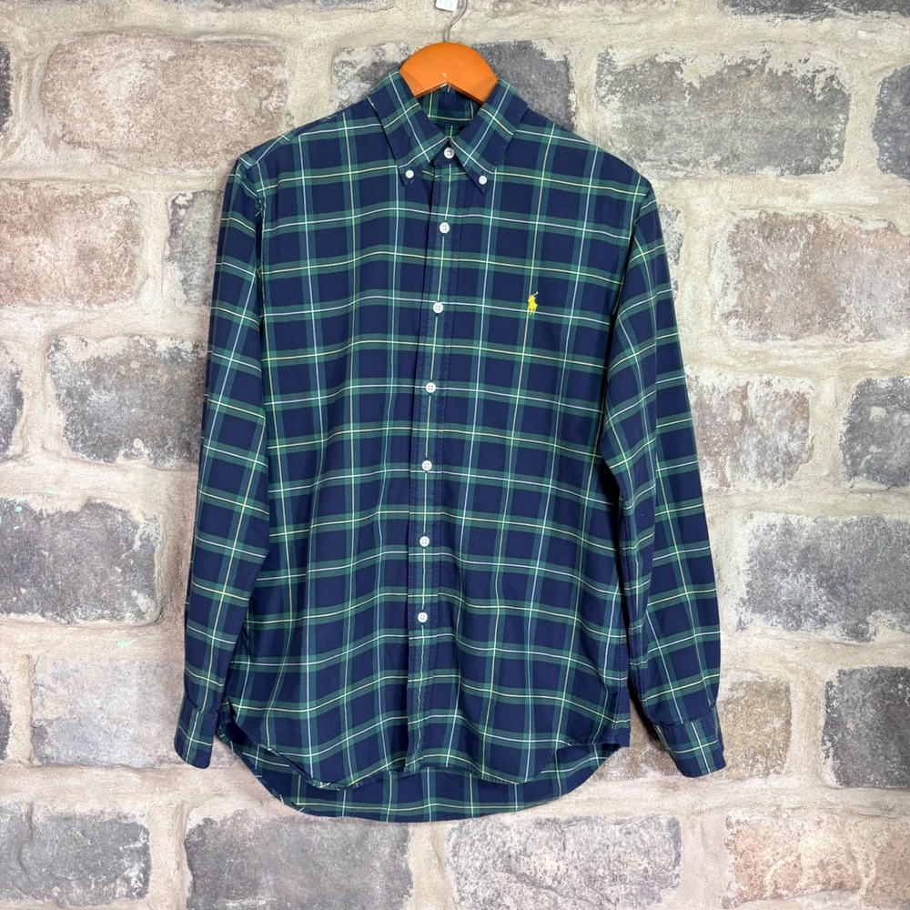 Ralph Lauren Mens Plaid Button Down Shirt Green Navy Blue Cotton Medium Preppy